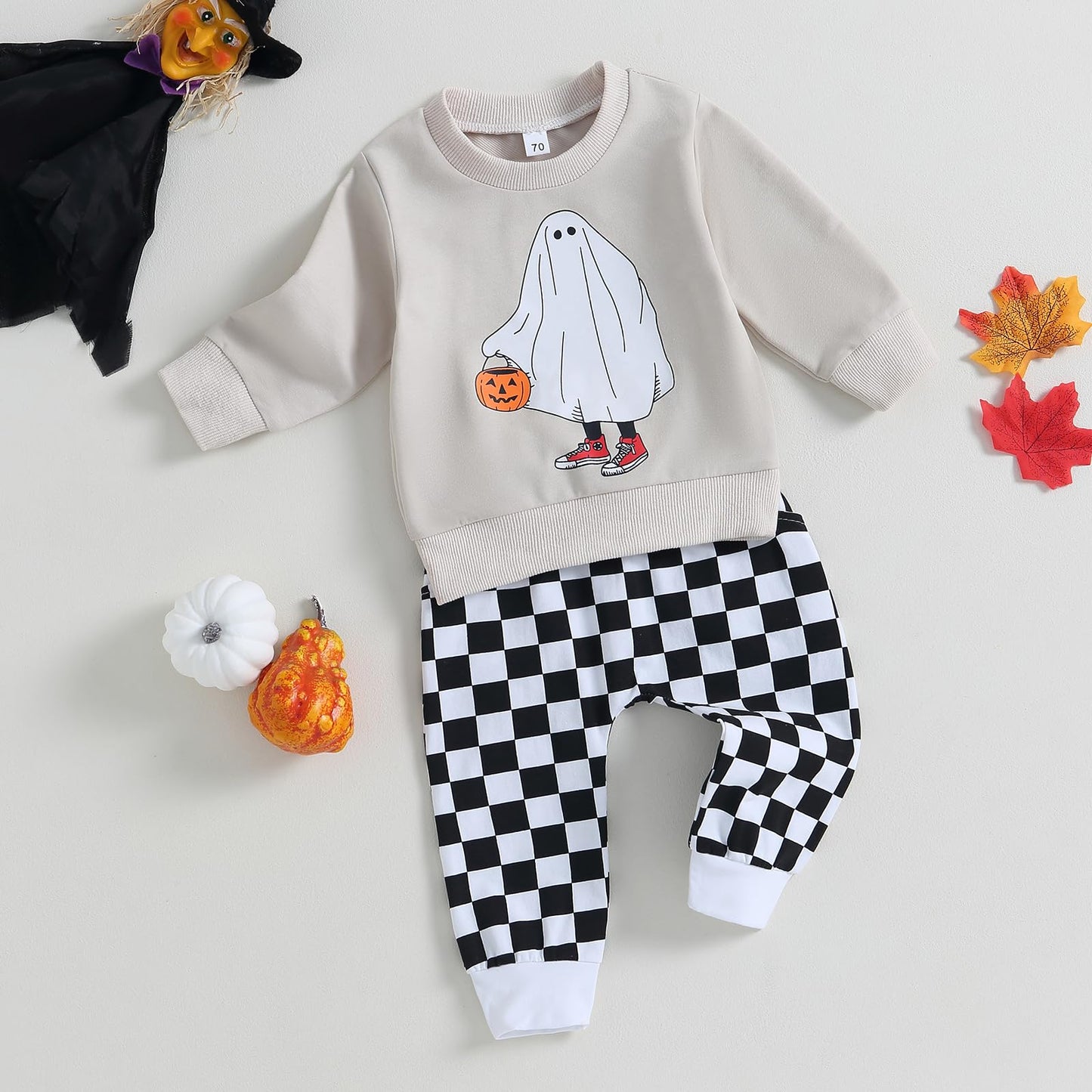 FYBITBO Toddler Baby Boys Halloween Outfits Ghost Long Sleeve Sweatshirt Shirt Top and Pants Fall Halloween Clothes Set (Grey-Ghost Costumes, 6-12 Months)