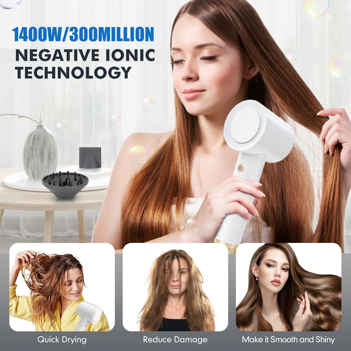 Skiennix Ionic Hair Dryer - High-Speed, Low Noise Mini Blow Dryer with Diffuser | Lightweight & Compact Design for All Hair Types
