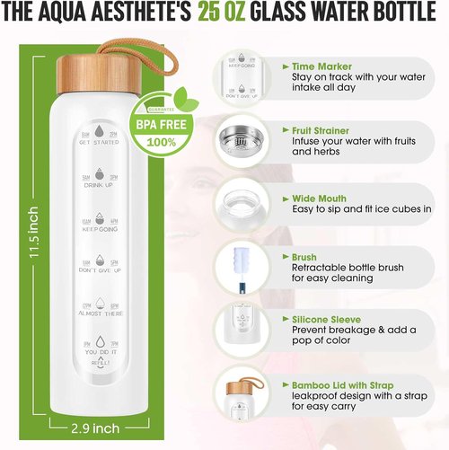 Aqulea Glass Water Bottle - 25 Oz BPA-Free Reusable with Silicone Sleeve & Fruit Infuser | Leak-Proof Design