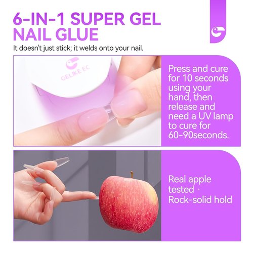Gelike EC Gel Nail Glue - 6 in 1 Strong UV Nail Adhesive for Press Ons & Acrylics | Long Lasting 28 Days Hold