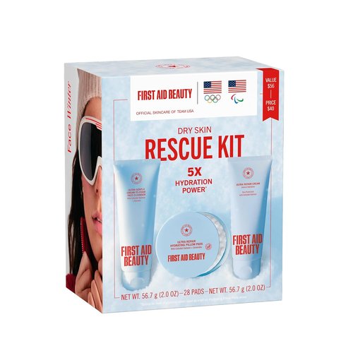 First Aid Beauty Dry Skin Rescue Kit - Hydrating Skincare Set with Cleanser, Facial Pads & Moisturizer