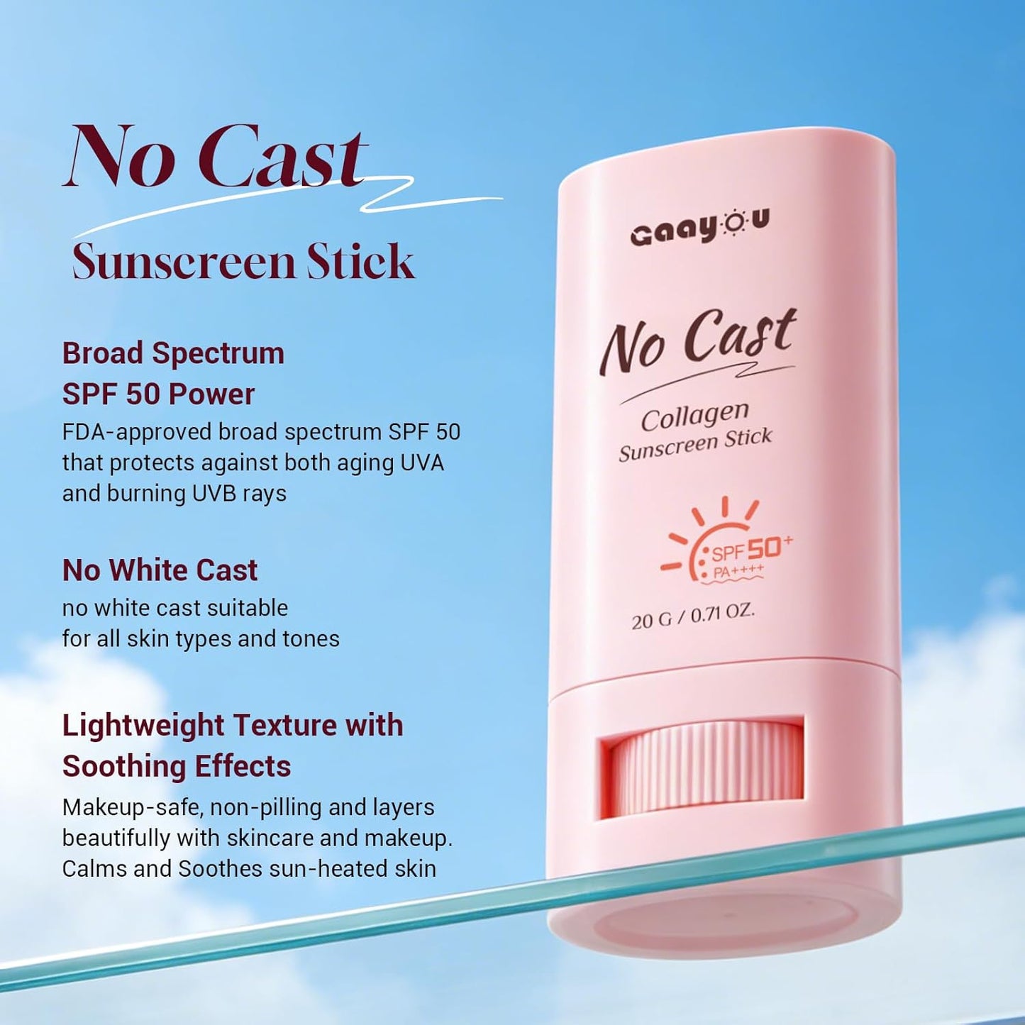Skiennix No Cast Sunscreen Stick - SPF PA50++++ Collagen Formula for Soothing Moisture | Non-Sticky Matte Finish for Face & Body