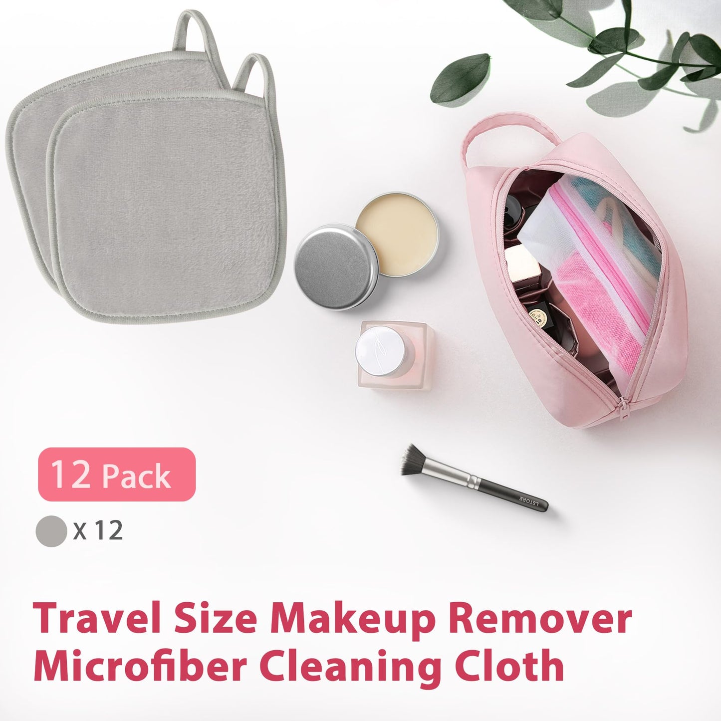 Natwag Makeup Remover Cloth, 6" x 6" Make Up Towels Reusable Face Cloth for Washing Face, 12 Pack Makeup Remover Pads Microfiber Face Washcloth with Mesh Bag, Light Grey