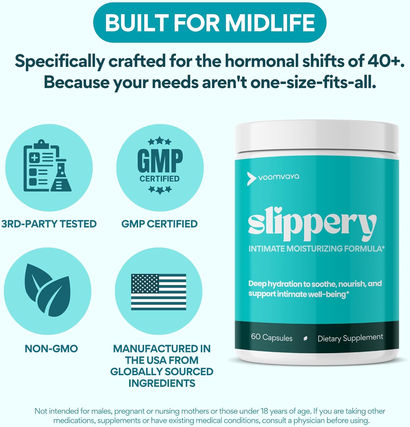 VoomVaya Vaginal Moisturizer - Slippery Elm Relief for Women Over 40 | 60 Capsules for Dryness Support