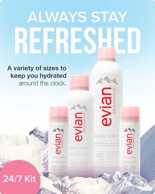 Evian Facial Spray 24/7 Kit - Hydrating Mineral Water Mist for Refreshing Makeup & Skin - Travel-Friendly Sizes