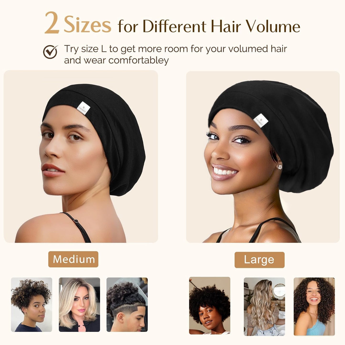 YANIBEST Hair Cover Bonnet Satin Sleep Cap - Adjustable Stay on Silk Lined Slouchy Beanie for Night Sleeping Surgical Hats Pure Black