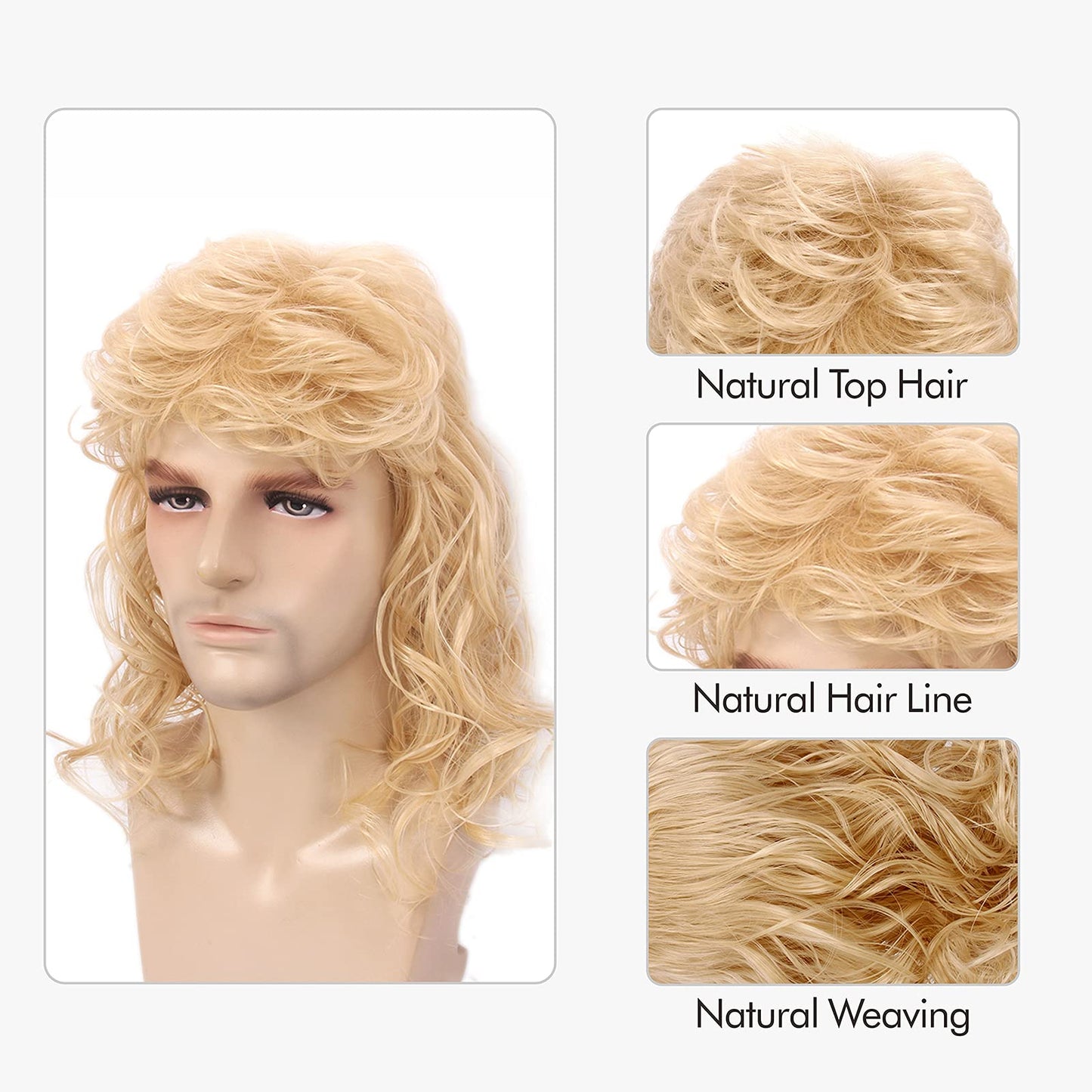 MEDISIFA Blonde Mullet 70s Wig with Bangs Disco Party Mens Wig Long Curly Men Wigs for Man Male Hippie Rocking 80s Them Party Cosplay Costume Anime Heat Resistant Synthetic Hair Wig 70's Wig