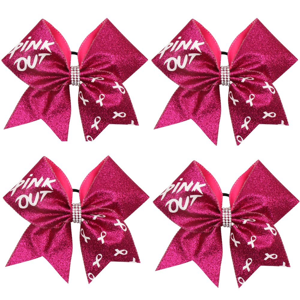 OAOLEER 4PCS 7" Large Grosgrain Hair Bows with Ponytail Holder - Glitter Cheer Bows (Pink) for Women - Breast Cancer Awareness Month