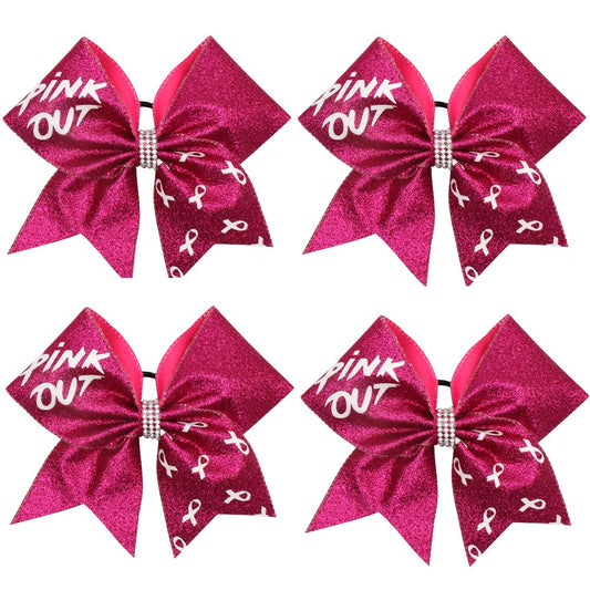 OAOLEER 4PCS 7" Large Grosgrain Hair Bows with Ponytail Holder - Glitter Cheer Bows (Pink) for Women - Breast Cancer Awareness Month