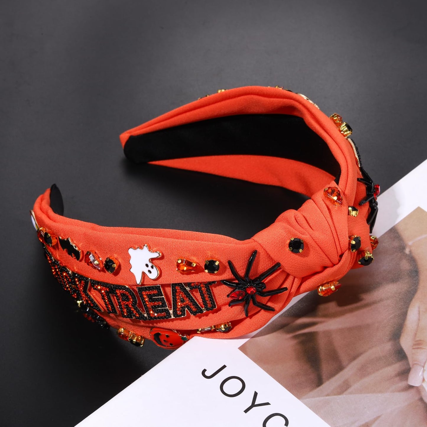 Halloween Headband Accessories for Women Crystal Pearl Knotted Headband Embellished Beaded Pumpkin Candy Corn Boo Headbands Rhinestone Jeweled Top Knot Headband Costume Party Favors (TRICK TREAT 2)