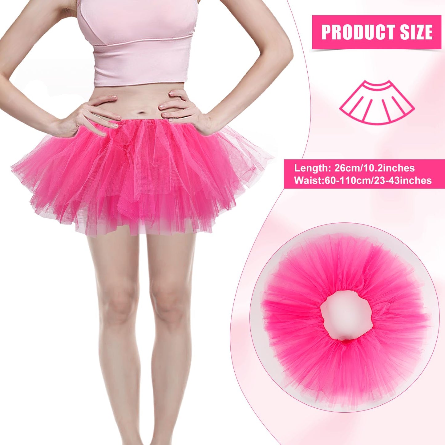 2pcs Tutu Skirts, 5 Layered Tulle Tutu Skirt Elastic Mini Tutu Skirt Layered Ballet Mesh Skirt Tutu Costume Tutu Dress for Women Dace Show Halloween Dress Up Party (Rose Red)