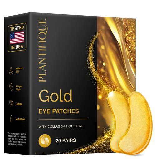 PLANTIFIQUE 24K Gold Under Eye Patches 20 Pairs - Dermatologist Tested - Hydrating Collagen Eye Masks with Hyaluronic Acid for Dark Circles & Puffiness