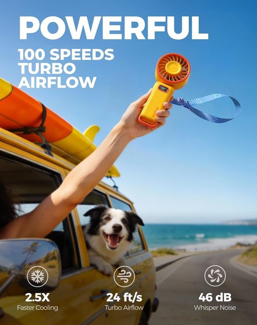 Diveblues Portable Handheld Fan - 7.4m/s High-Speed Turbo with 180° Foldable Design | USB-C Rechargeable, 12H Battery