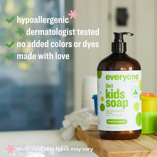 Everyone 3-in-1 Kids Soap | Tropical Coconut Body Wash, Shampoo & Bubble Bath - 32 Oz (Pack of 2)