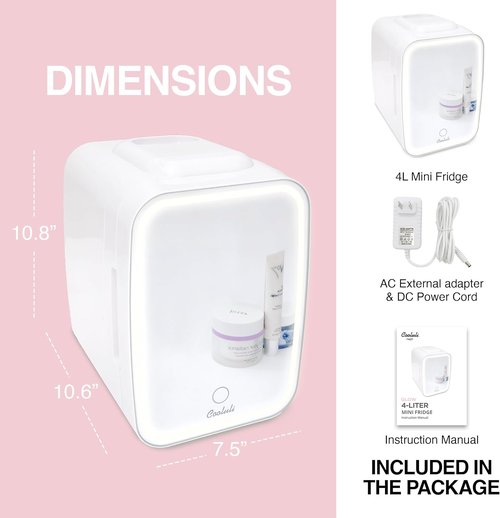 Cooluli Glow 4L Mini Skincare Fridge with Mirror & LED Light - Small Refrigerator for Skin Care, Beauty, Makeup, Cosmetics, Food & Drinks, White