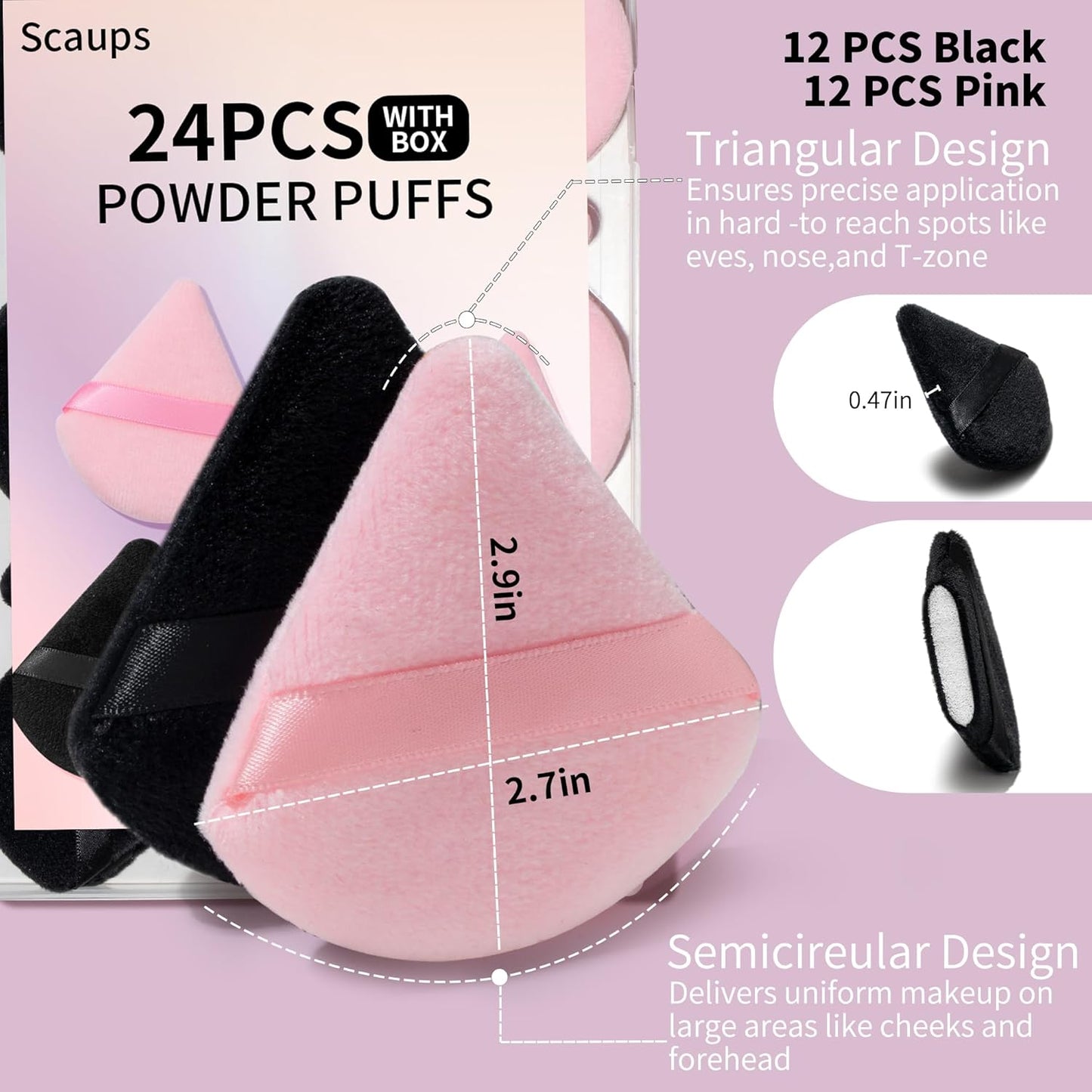 Skiennix 24Pcs Triangle Powder Puffs - Black & Pink Makeup Applicators for Flawless Foundation