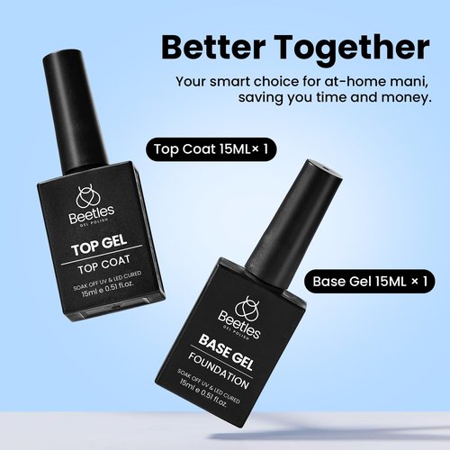 Beetles No Wipe Gel Top Coat and Base Coat Set for Gel Nail Polish - 2Pcs 15ml Super Shiny and Long Lasting Soak Off UV/LED Lamp Nail Art Design Gift