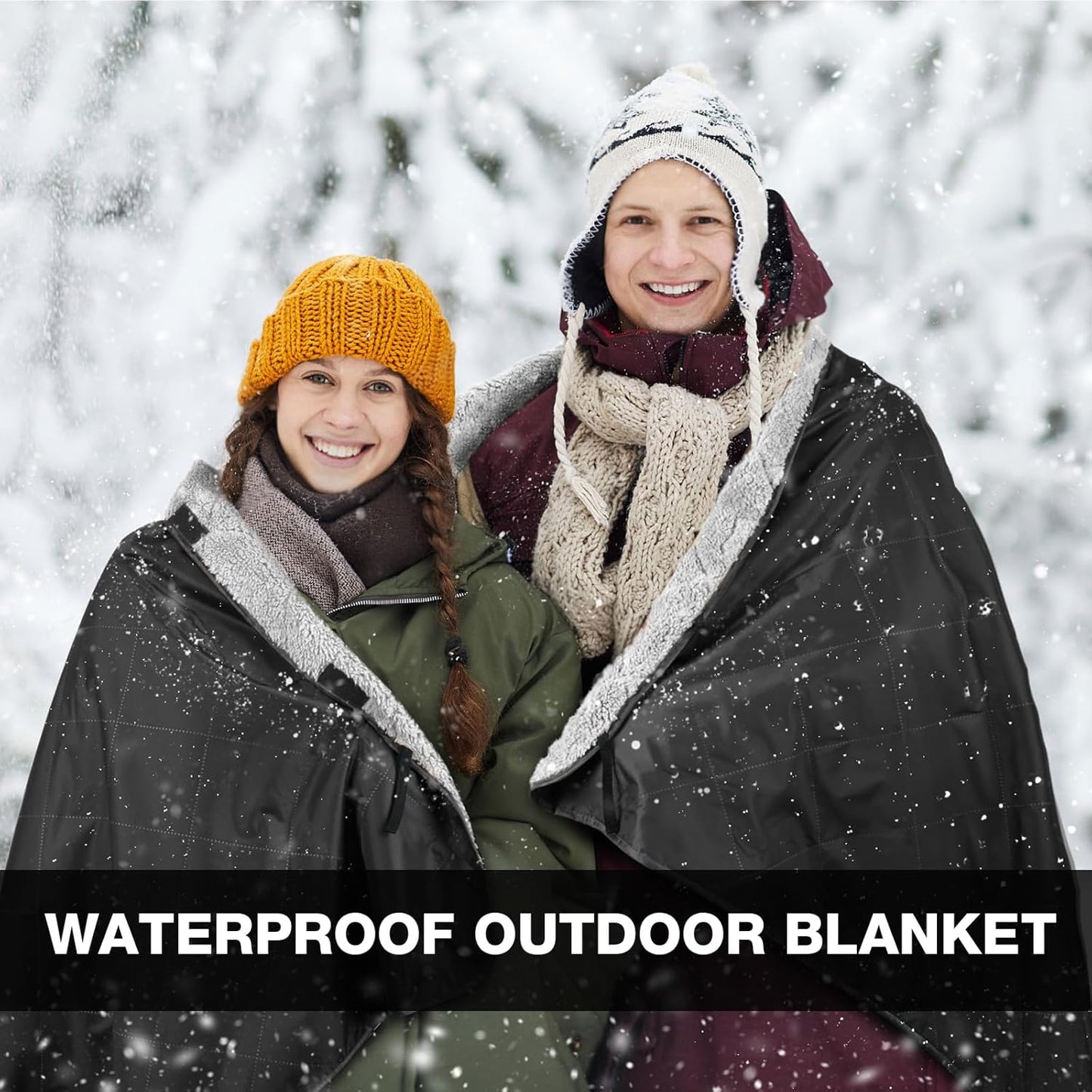 DUKUSEEK Sherpa Waterproof Camping Blanket - Warm, Large Fleece Hooded Blanket for Outdoor Events