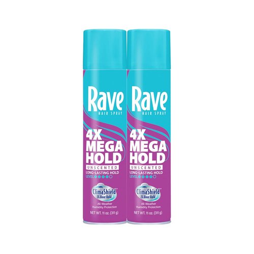 Rave 4X Mega Unscented Hairspray - 24-Hour Hold for High Humidity - Vitamin-Enhanced Volume Spray - 2 Pack