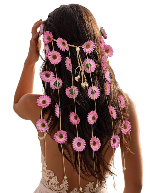 CHLINS Hippie Headband Flower Crown Bohemian Sunflower Headband Flower Headpiece Hippie Costume 60s 70s Outfits for Women (Pink)