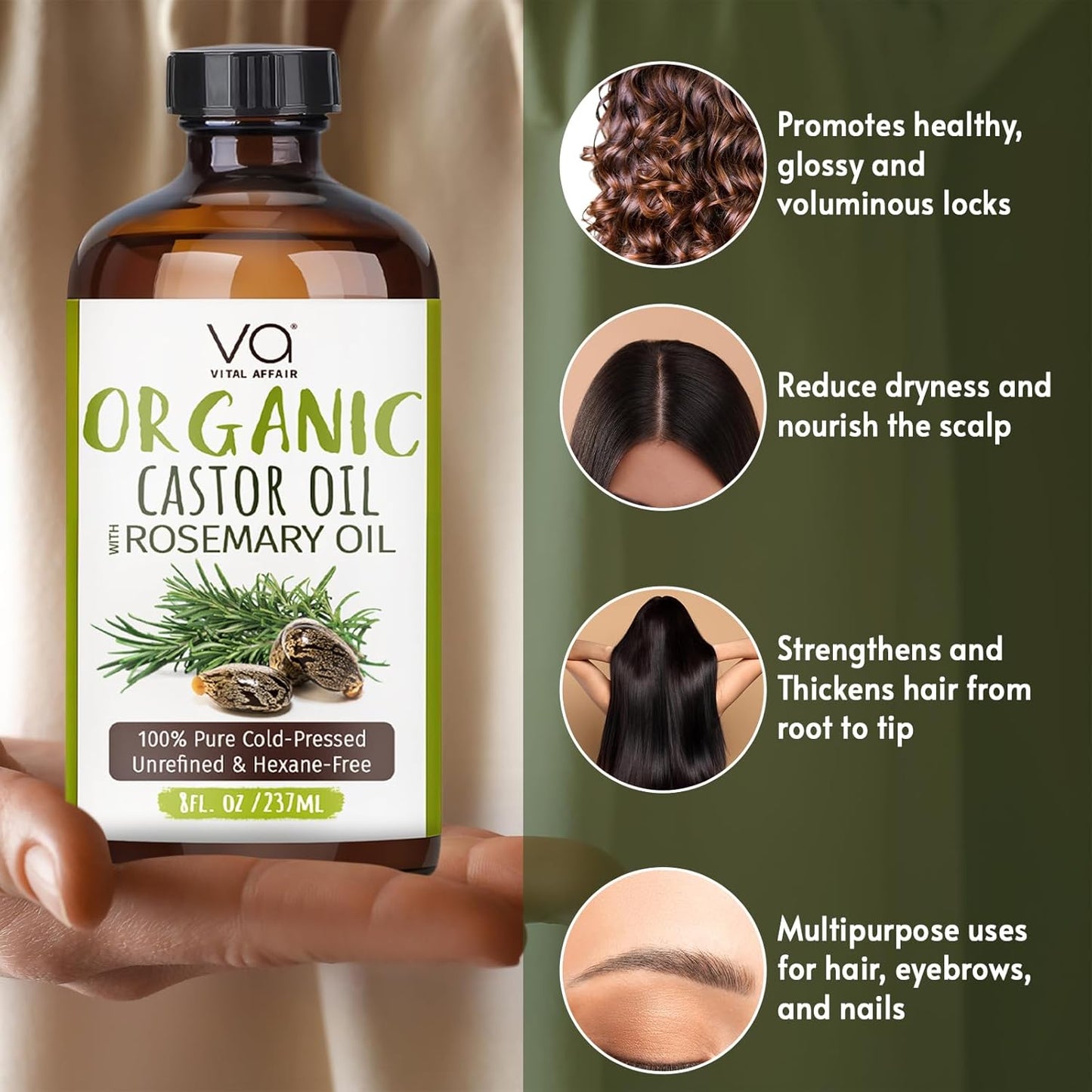 VITAL AFFAIR Organic Castor Oil - 100% Pure Rosemary Hair Growth Oil in 8 Fl Oz Glass Bottle | Strengthens & Volumizes