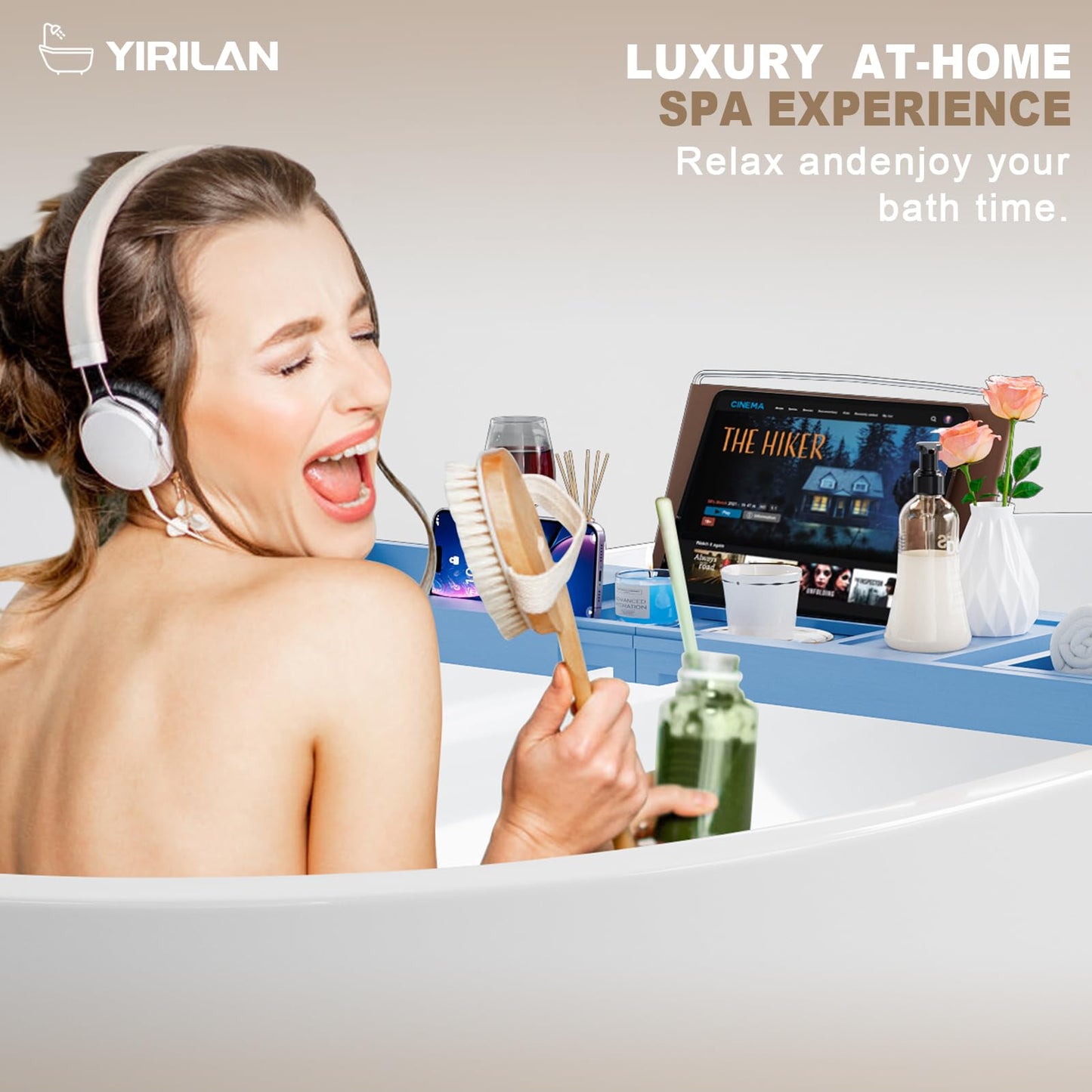 Yirilan Bamboo Bathtub Tray Caddy, 1 or 2 Person Expandable Wooden Bathroom Tray, Luxury Bamboo Bathtub Tray Expandable, Bath Tub Table Caddy with Extending, Blue