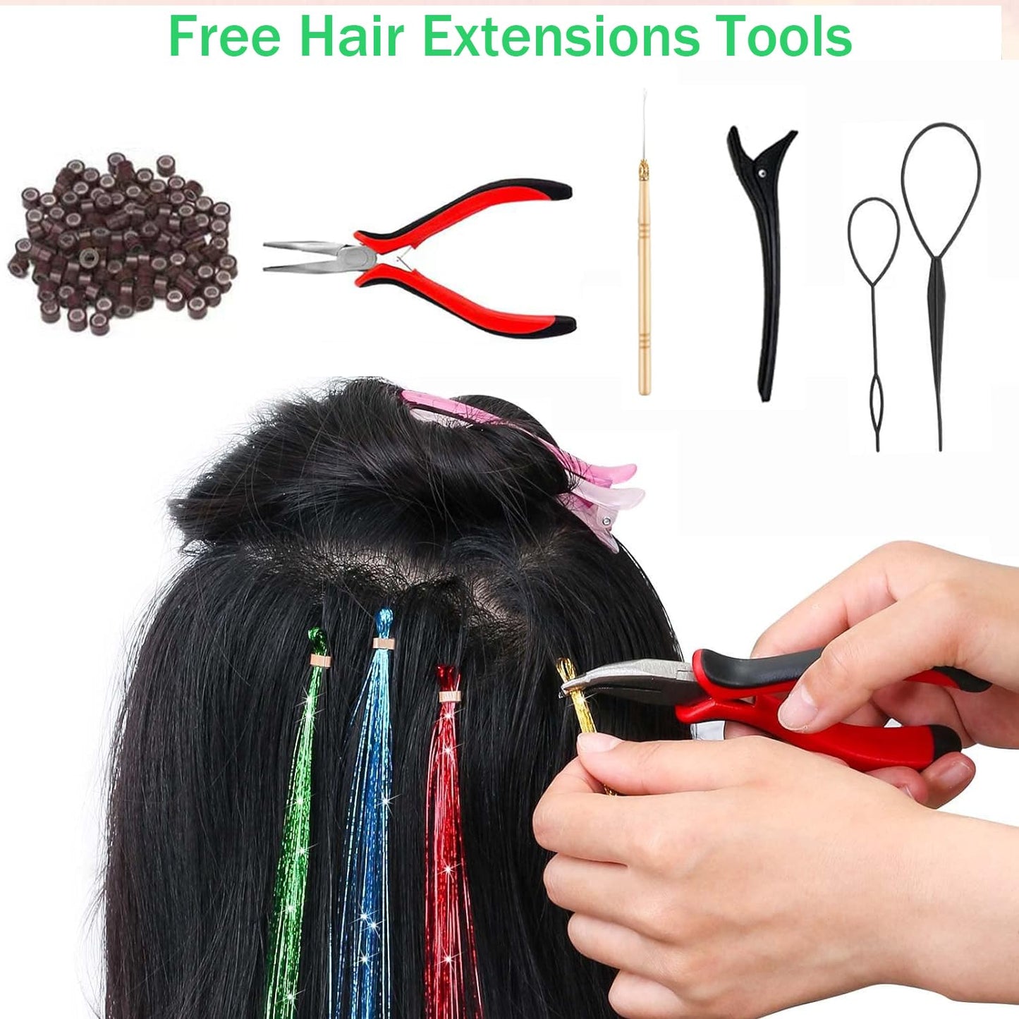 Hair Tinsel Kit,Fairy Tinsel Hair Extensions with Tool 12 Colors 48In 2400 Strands Hair Tinsel Heat Resistant,Glitter Hair Extensions for Women,Hair Accessories for Halloween Christmas Cosplay Party