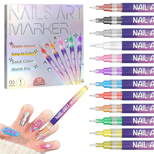 12 Colors Nail Art Pens Set, Fine Tip Nail Polish Pen Markers, Quick Dry Nail Art Kit for DIY Home Salon, Professional Nail Art Tools, Manicure Set Gift for Adults Beginners