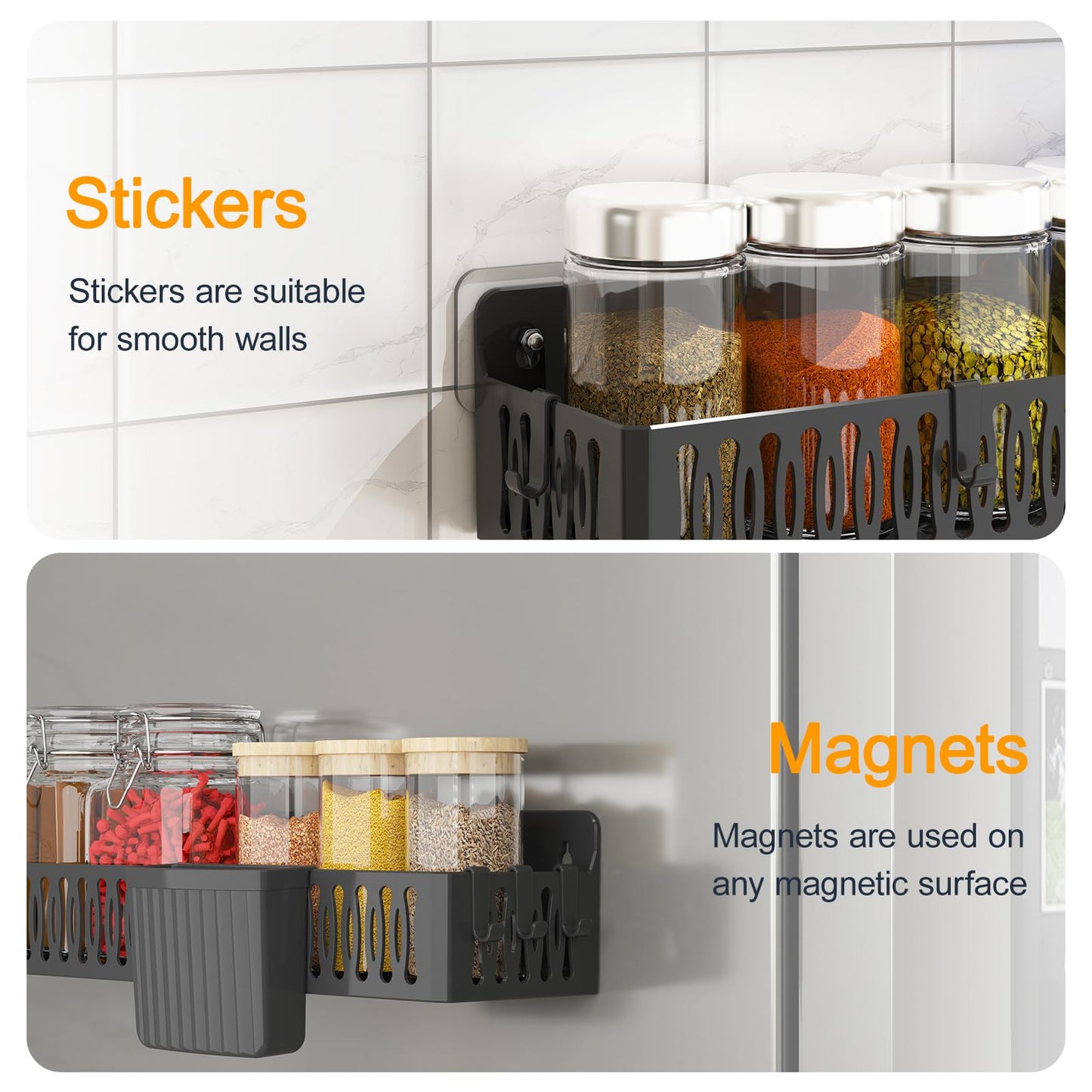 4 Pack Strong Magnetic Spice Rack for Refrigerator, Multipurpose Magnetic Shelf for Fridge with 4 Hooks for kitchen and Bathroom Organization, Black