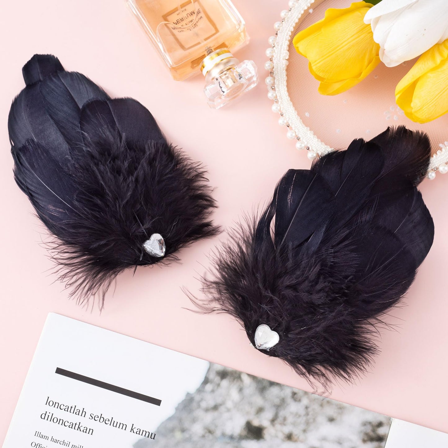 ANCIRS 2 Pack Feather Hair Clips for Women, Fly-Wing Shape Hair Barrettes Accessory Hairpins 1920s Flapper Headpiece Hair Piece for Swan Lake Cosplay Show Dancing Party Halloween Costume- Black