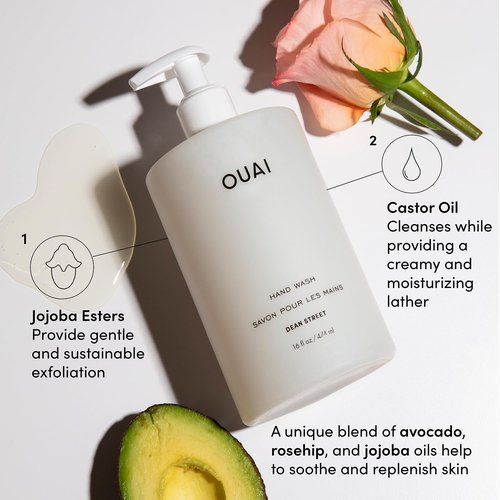 OUAI Hand Wash - Gentle Exfoliating Liquid Soap with Jojoba, Avocado & Rose Hip Oil | 16 Fl Oz