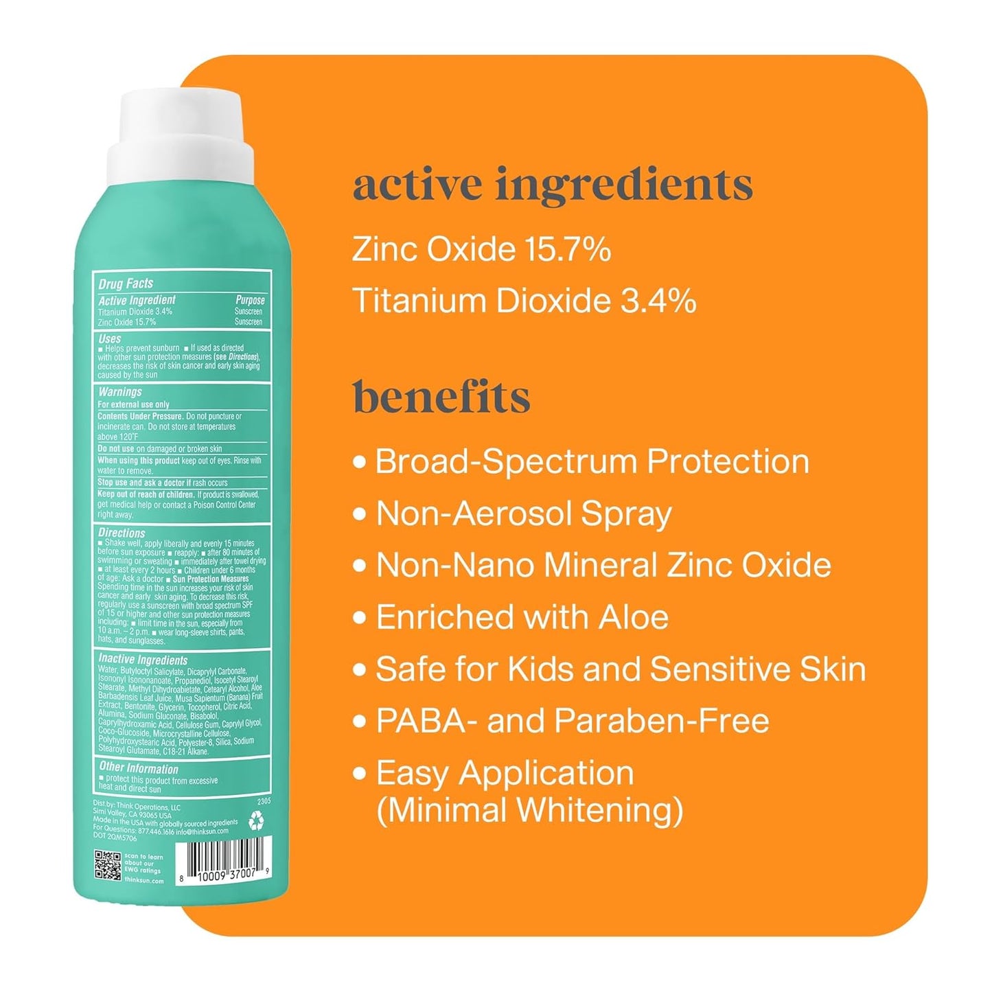 Thinksport Kids Sunscreen Spray - SPF 50 Mineral Protection | 6 Fl Oz Water-Resistant Formula