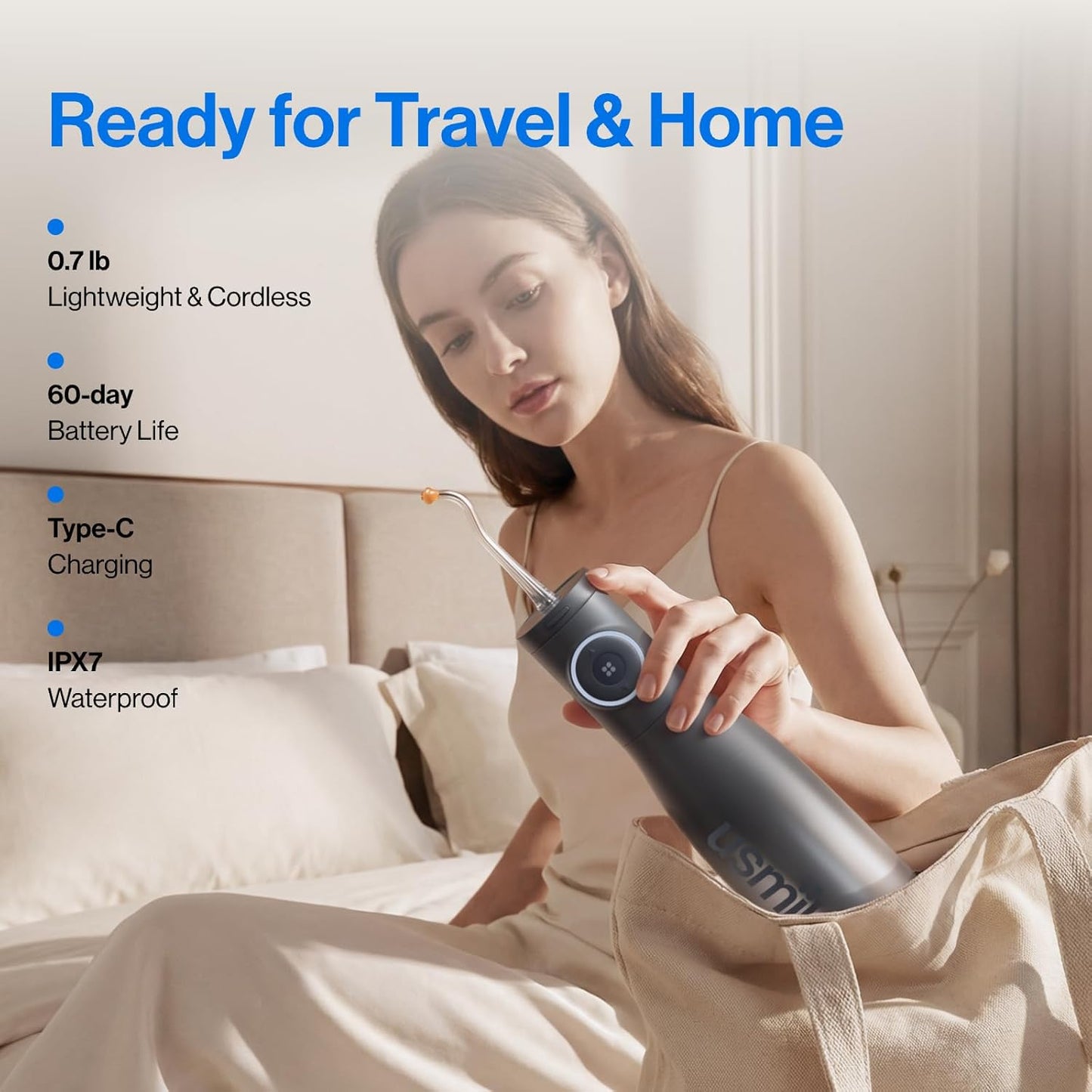 Usmile C30 Cordless Water Flosser - 300ml Tank, 5 Pressure Levels, USB-C Rechargeable, IPX7 Waterproof, Black