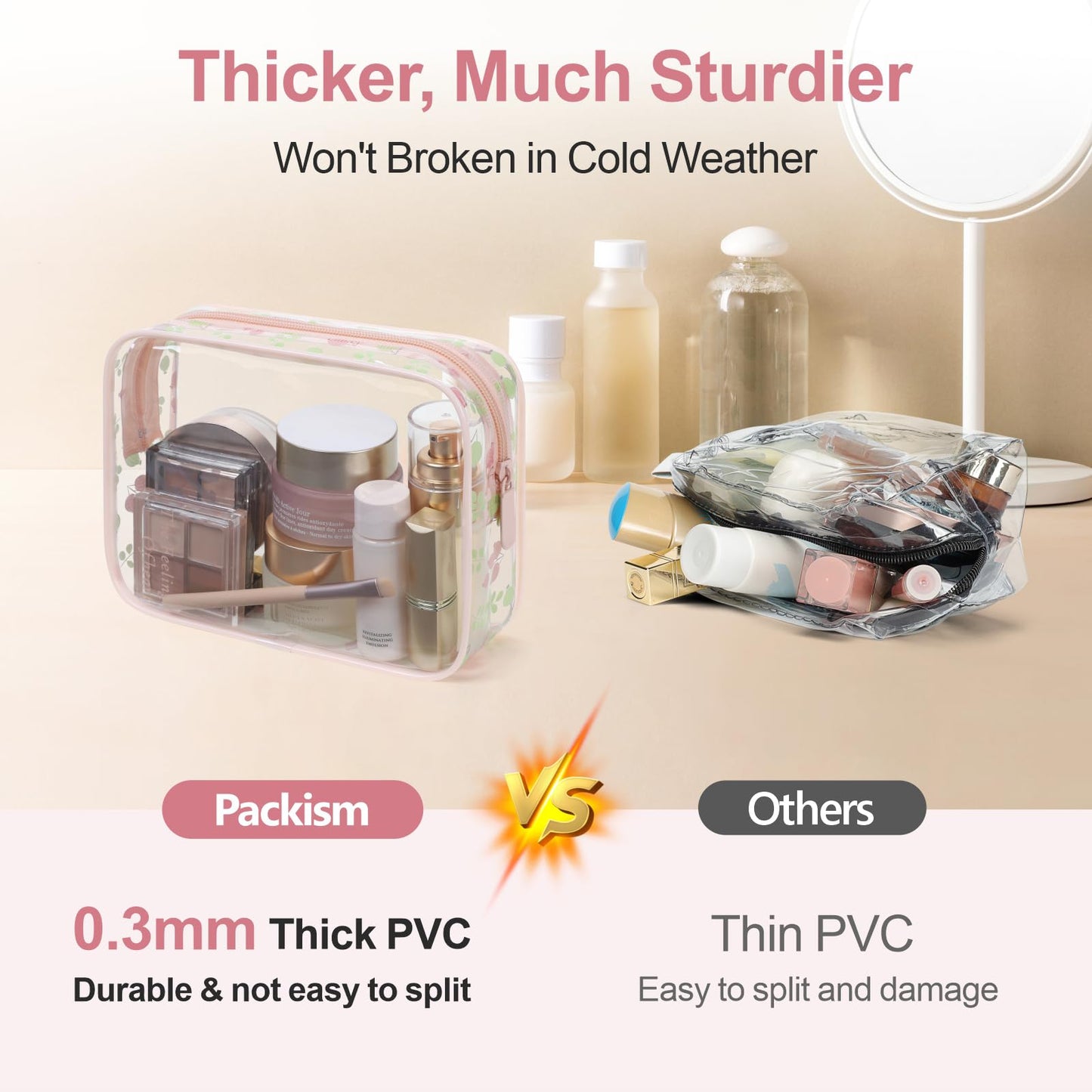 PACKISM TSA Approved Toiletry Bag - Pink Floral Print Clear Travel Bags, Suitable for Gifts, with Supporting Frame, Perfect for Travel Essentials, Thick No Smell