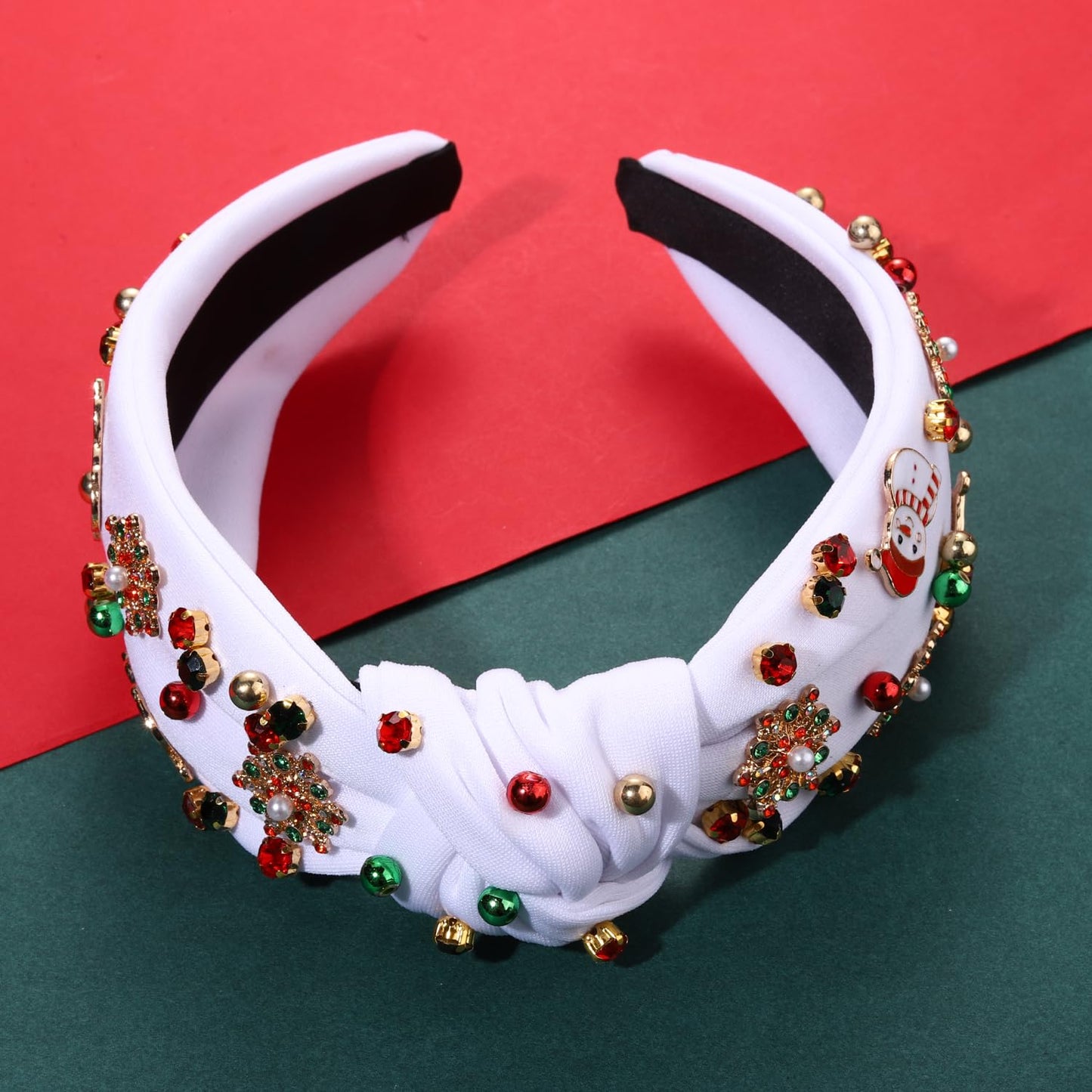 PHALIN Christmas Holiday Headband for Women Christmas Accessories Reindeer Snowflake Candy Cane Knotted Headband Red Green Beaded Rhinestone Pearl Wide Top Knot Headband Xmas Plaid Hairband (Snowman)