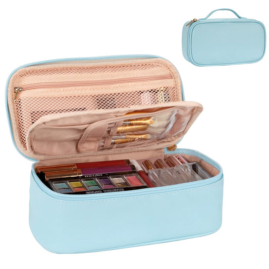 OCHEAL Small Makeup Bag,Portable Cute Travel Makeup Bag Pouch for Women Girls Makeup Brush Organizer Cosmetics Bags with Compartment-Lake Blue