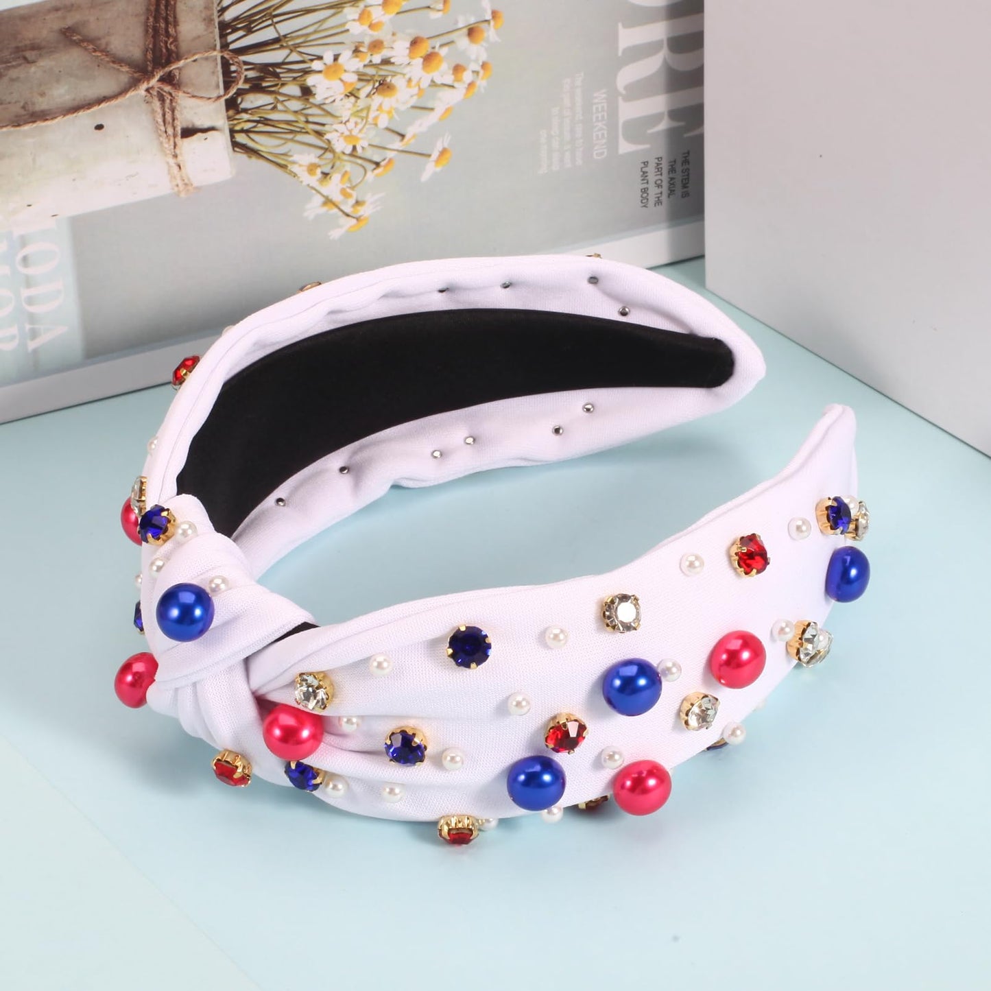 Ardorchid Fourth of July Headbands for Women Girls Red White and Blue Pearl Wide Knottted Headband American Independence Day Patriotic Headband Rhinestone Hair Accessories Non Slip Hair Hoop