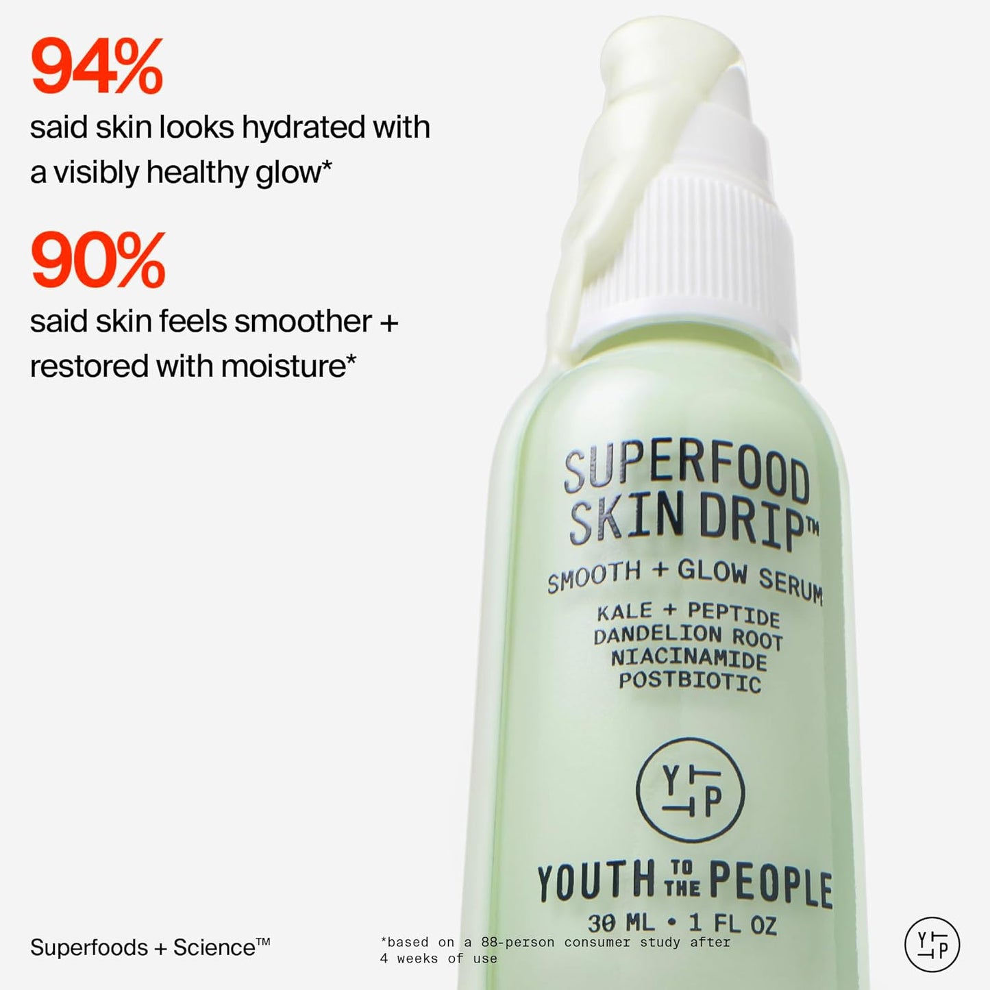 Youth To The People Superfood Skin Drip Face Serum - Strengthens Skin Barrier & Evens Tone | 1 fl oz, Vegan, 5% Niacinamide, Kale, Peptides, Ceramides