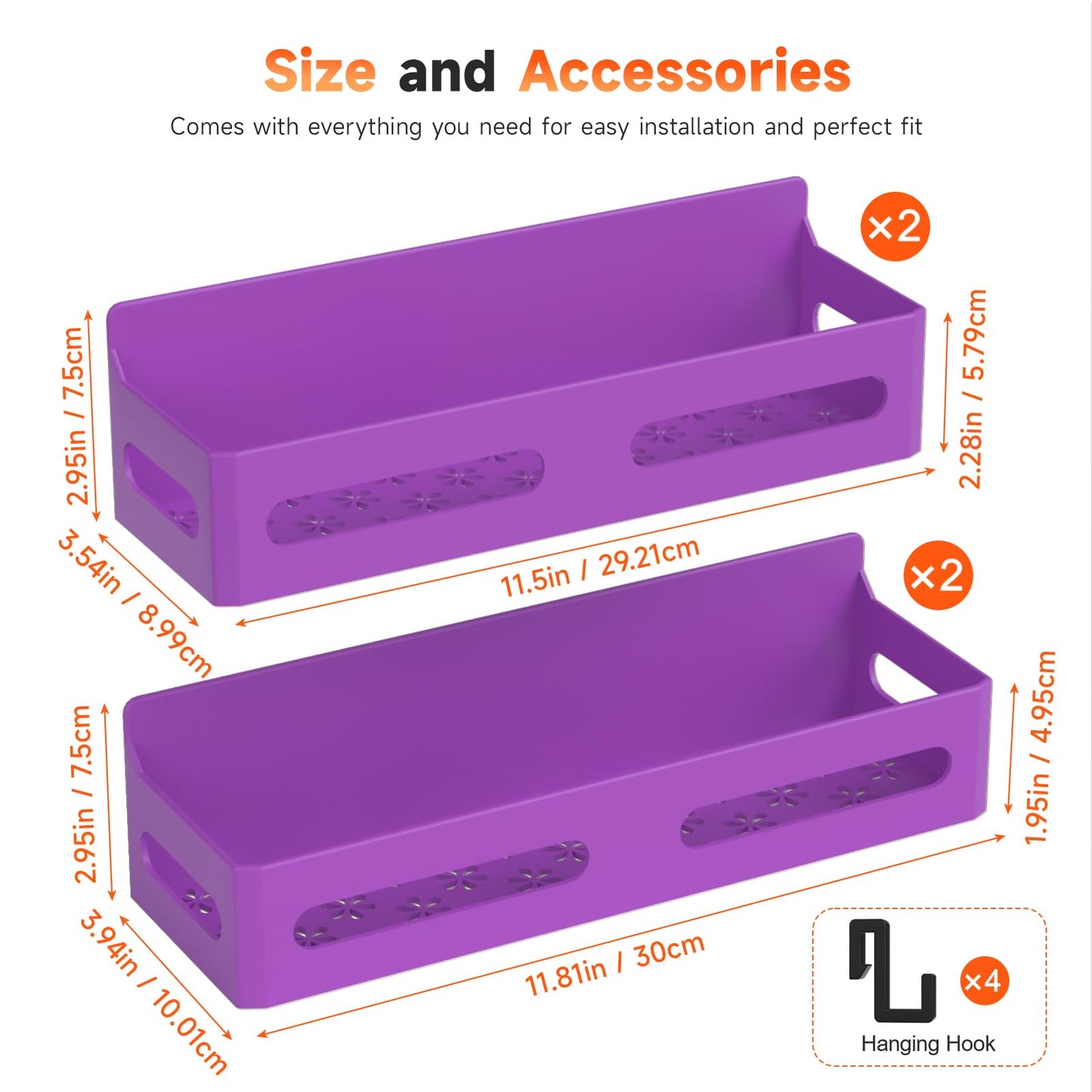 4 Pack Strong Magnetic Spice Rack for Refrigerator, Multipurpose Magnetic Shelf for Fridge with 4 Hooks for kitchen and Bathroom Organization, Black