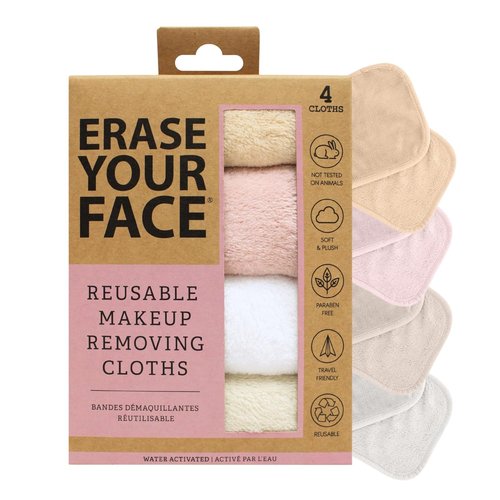 ERASE YOUR FACE Makeup Remover Cloths - Reusable Microfiber Towels for Effortless Makeup Removal - Water Activated, Dual-Sided Design (4 Count)