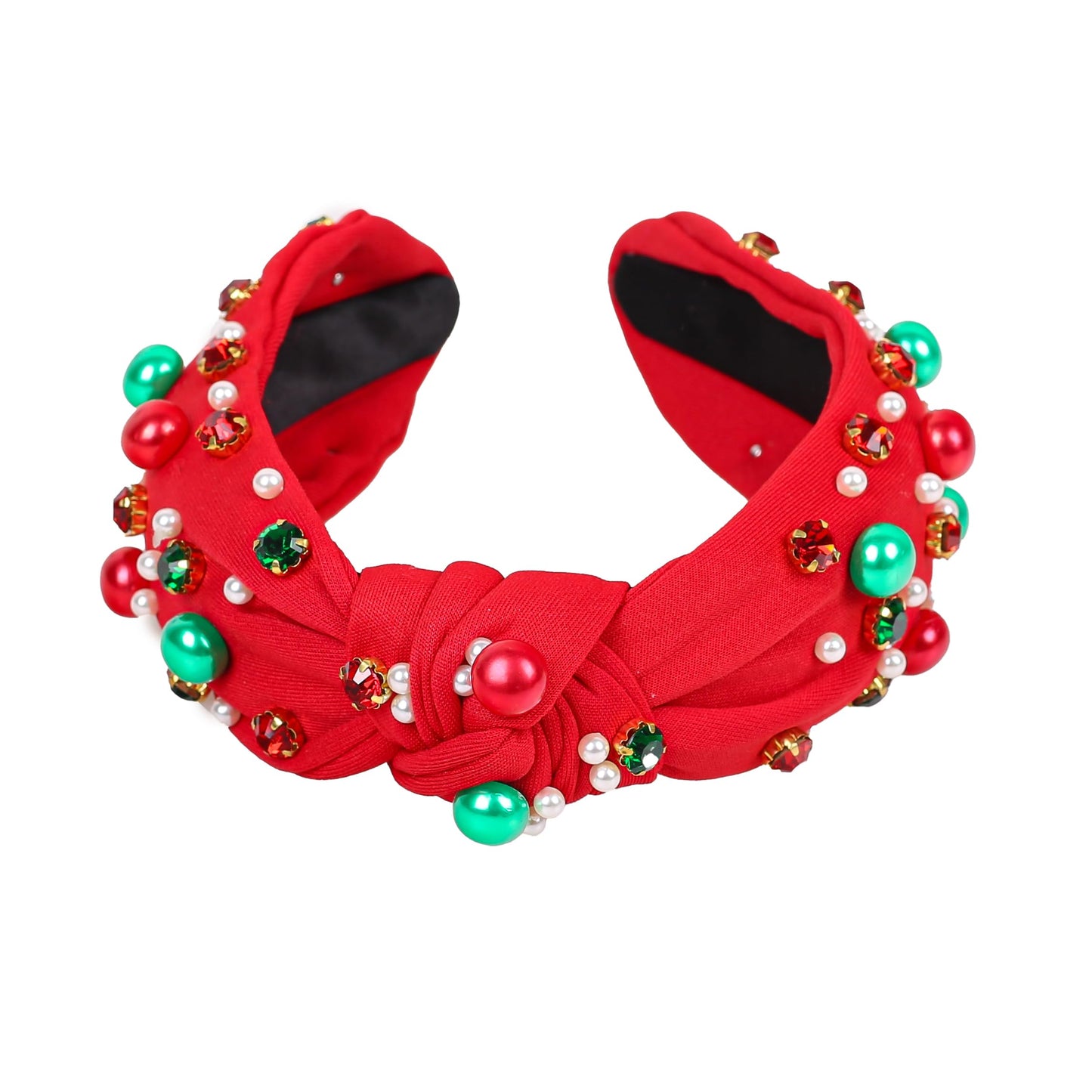 vowyore Christmas Headband for Women Red Green Pearl Rhinestone Crystal Jeweled Hairband Fashion Elegant Ladies Wide Knot Head Band Christmas Holiday Party Outfit Gifts