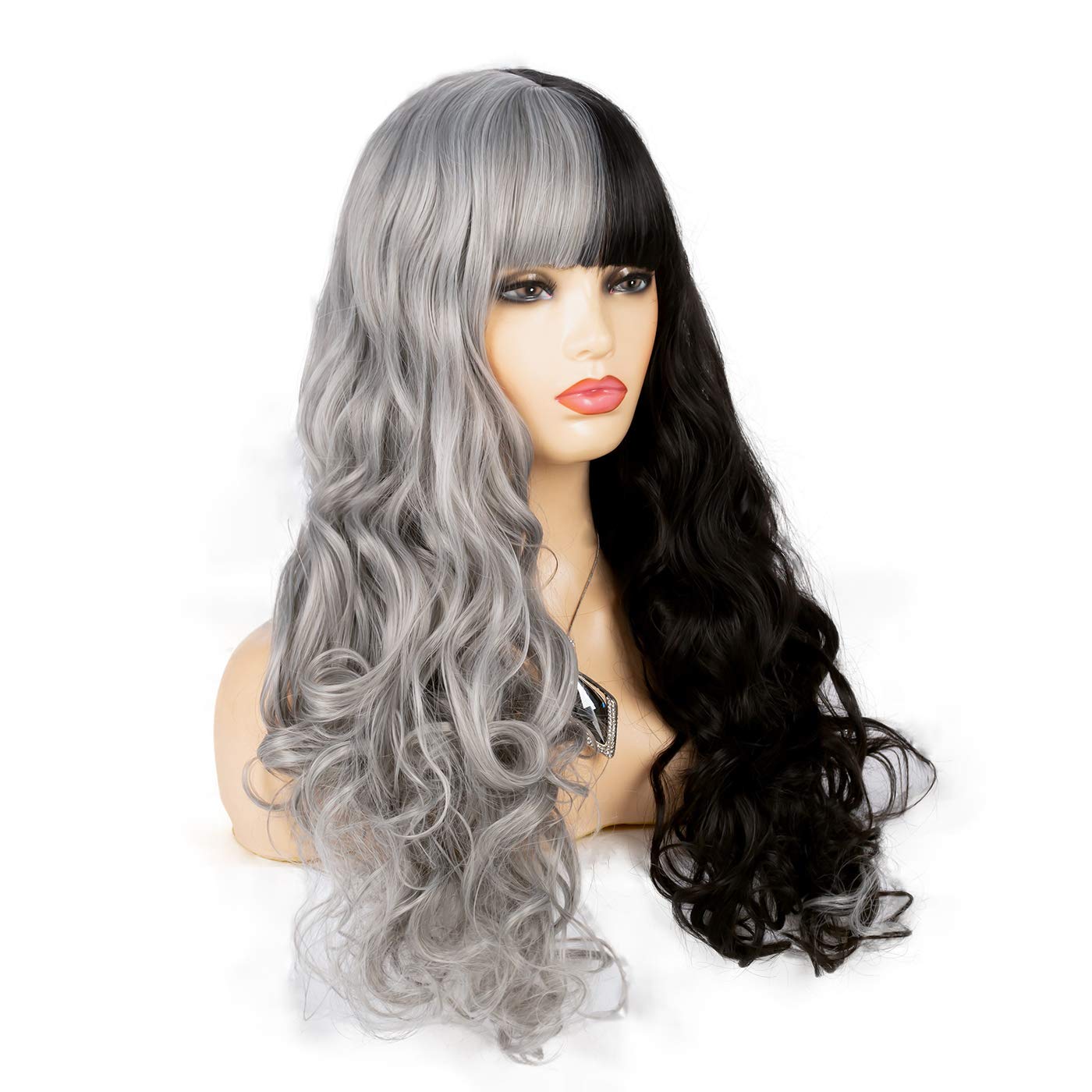 Baruisi Half Black Grey Wig With Bangs Long Curly Wavy Synthetic Heat Resistant Costume Cosplay Wigs for Women