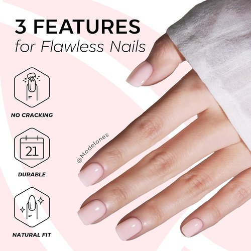 Modelones Press-On Nails - Extra Short Semi-Transparent Squoval Design | 32 Pcs in Soft Pink, Reusable Kit with Glue & File