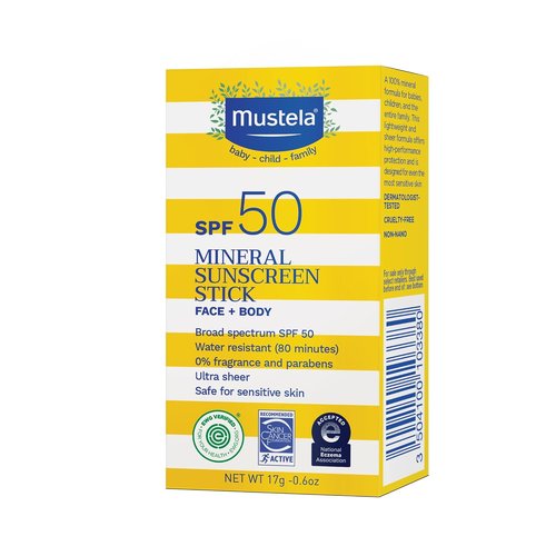Mustela Baby Mineral Sunscreen Stick SPF 50 - Ultra Sheer, Water Resistant & Fragrance-Free | 0.6 oz.