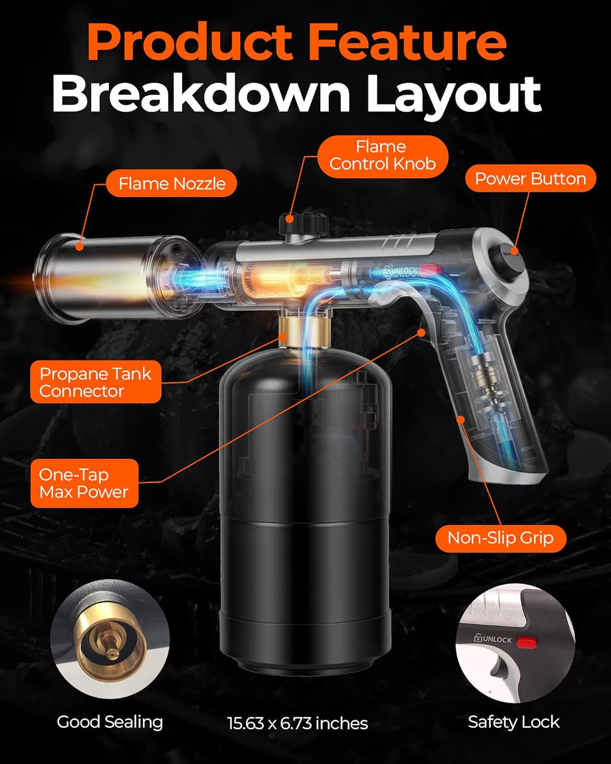Skiennix Propane Torch Head - Culinary Blow Torch with Instant Heat Button & Safety Lock | Adjustable Flame for BBQ & Kitchen Use