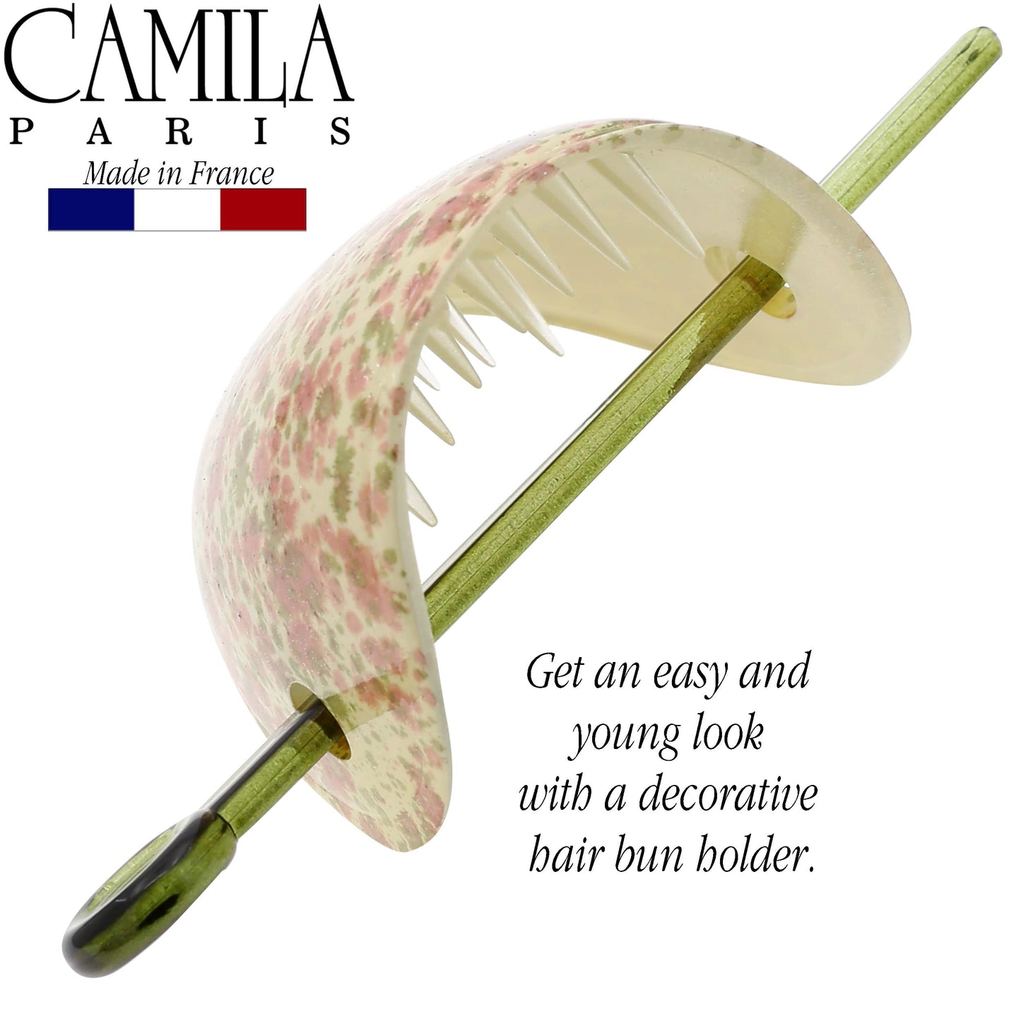 Camila Paris CP3343 French Hair Bun Holder Cover Cap Hair Updo, Pink and Green, Hair Pin Thru, Strong Hold Grip Hair Clips for Women, No Slip and Durable Styling Girls Hair Accessories, Made in France