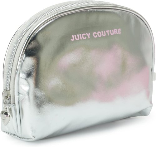 Juicy Couture Makeup Bag Set - Silver Pink Glitter Organizer for Travel Essentials | 3-Piece Clutch