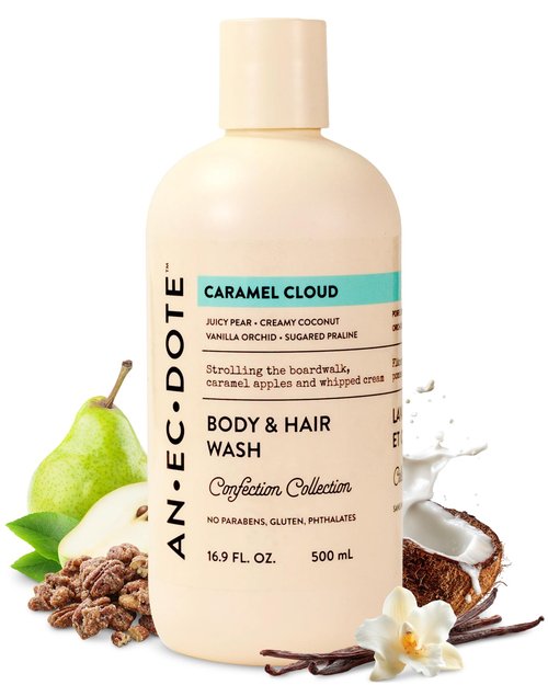 Anecdote Caramel Cloud Body and Hair Wash – Sweet Gourmand Scent with Juicy Pear, Coconut, Vanilla Orchid & Praline – Moisturizing Shower Gel, Hydrating 2-in-1 Cleanser for Daily Use, 16.9 Fl Oz