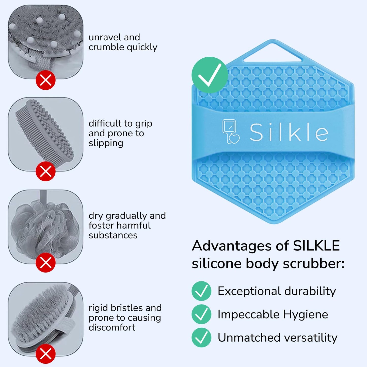 SILKLE Silicone Body Scrubber - Exfoliating Bath Brush and Skin Cleanser - Shower Sponge for Gentle Body Scrub and Wash - Silicone Scrubbing Care Tool for a Refreshed and Renewed You - Blue