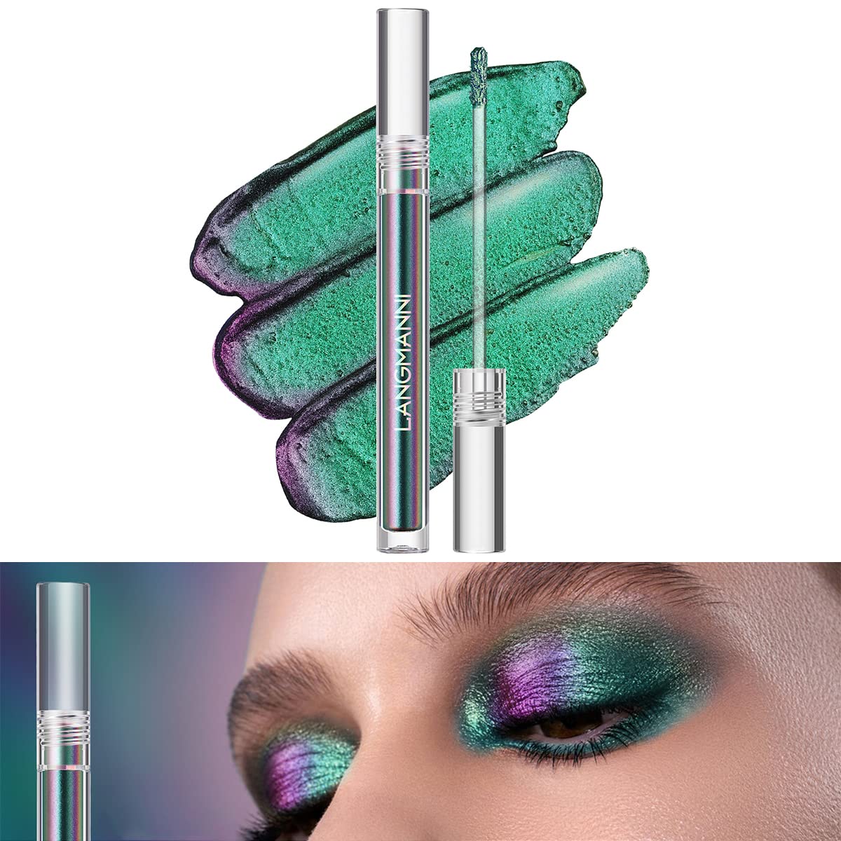 Jolilab Metallic Liquid Chameleon Eyeshadow, Multi-Dimensional Eye Looks, Long-lasting Holographic Glitter Multichrome Eyeshadows Makeup (#Peacock+#GX013)